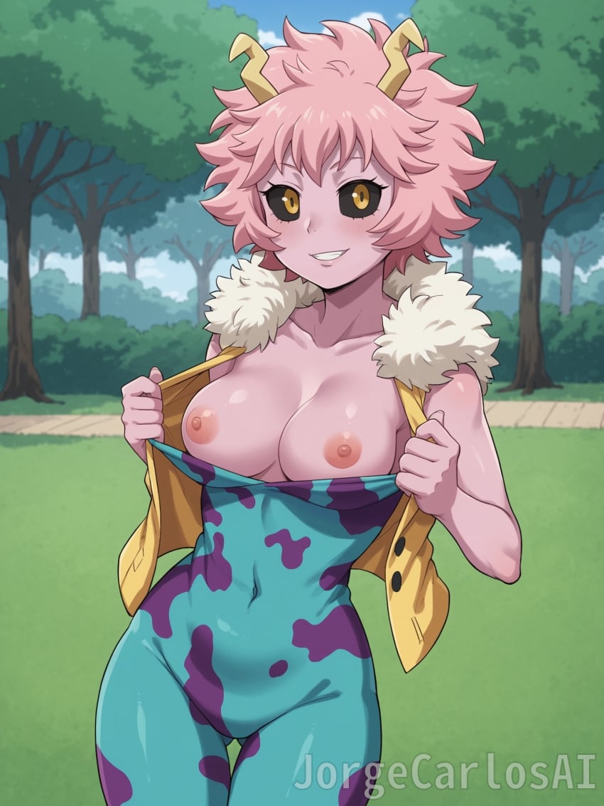 1girls ai_generated antennae antennae_(anatomy) ashido_mina big_breasts black_sclera blush blush_lines blushing_at_viewer bodysuit boku_no_hero_academia breasts female female_focus female_only fur grass heroine jacket jorgecarlosai mina_ashido my_hero_academia my_hero_academia:_heroes:_rising my_hero_academia:_two_heroes my_hero_academia_the_movie:_world_heroes&rsquo;_mission nature navel nipples outdoors park pink_hair pink_skin pink_skinned_female playful public public_exposure public_indecency public_nudity pulling pulling_clothing short_hair showing_nipple skin_tight skin_tight_suit smile spiked_hair superhero superhero_costume superheroine teeth tight_clothing toned toned_female trees watermark yellow_eyes