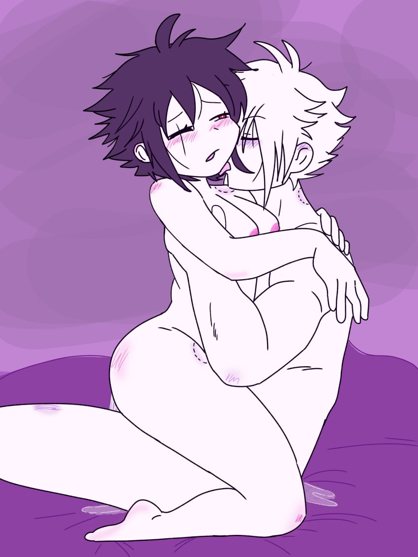 ass bite bite_marks black_hair blushed_face breasts chara_au cum frisk_au short_hair white_body white_hair xchara xfrisk xtale