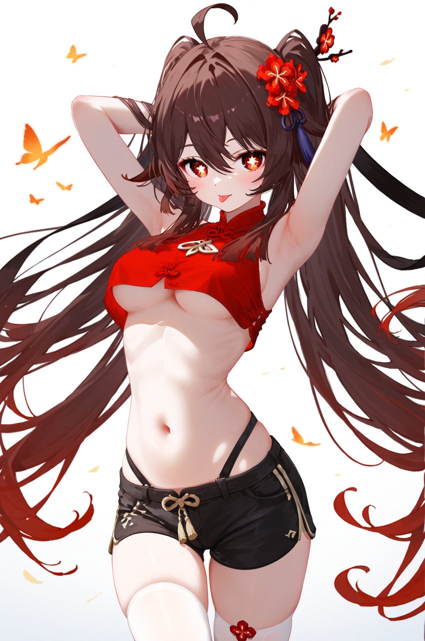 :p absurd_res ahoge ai_generated alternate_costume armpits arms_behind_head arms_up bangs bare_arms bare_shoulders black_shorts blush breasts cowboy_shot crop_top crop_top_overhang female flower-shaped_pupils genshin_impact hu_tao_(genshin_impact) looking_at_viewer midriff ministro nail_polish navel red_shirt shirt short_shorts shorts sidelocks sleeveles sleeveless_shirt solo standing star-shaped_pupils stomach symbol-shaped_pupils thighhighs thighs tongue tongue_out under_boob underboob white_thighhighs