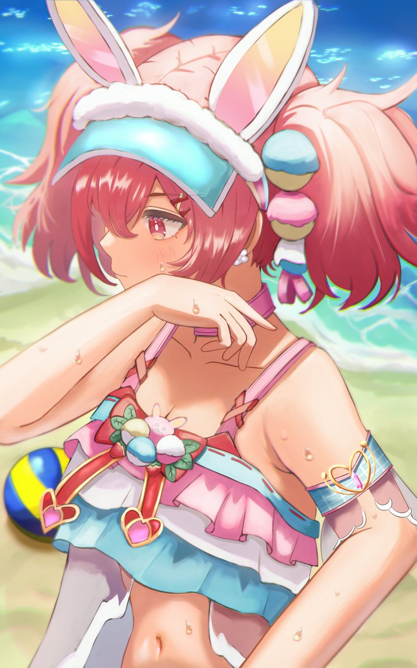 alternate_costume beach_background belly_button bikini frills futoshidao pink_hair sweat tongue_out tower_of_fantasy twintails wanderer_(tower_of_fantasy)