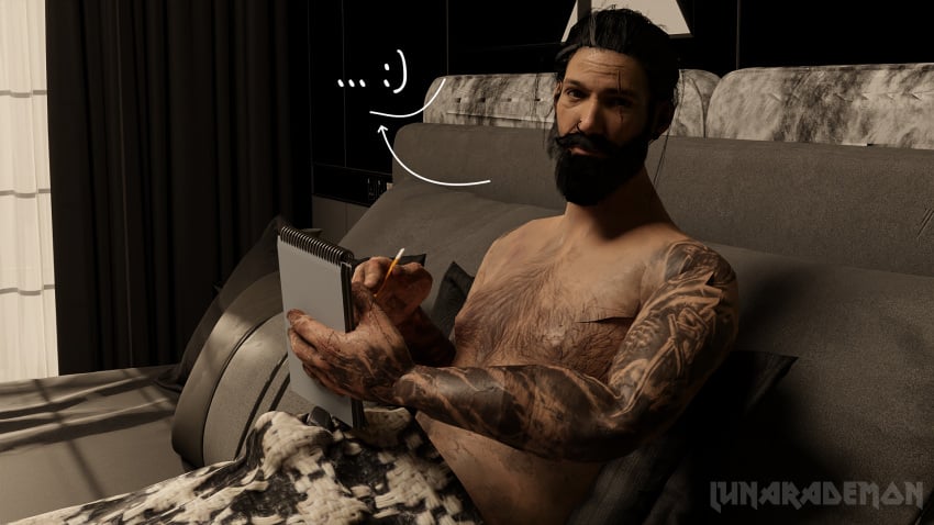 3d beard boner comic dbd dead_by_daylight dialogue jeff_johansen lunarademon naked naked_male smile tattoo