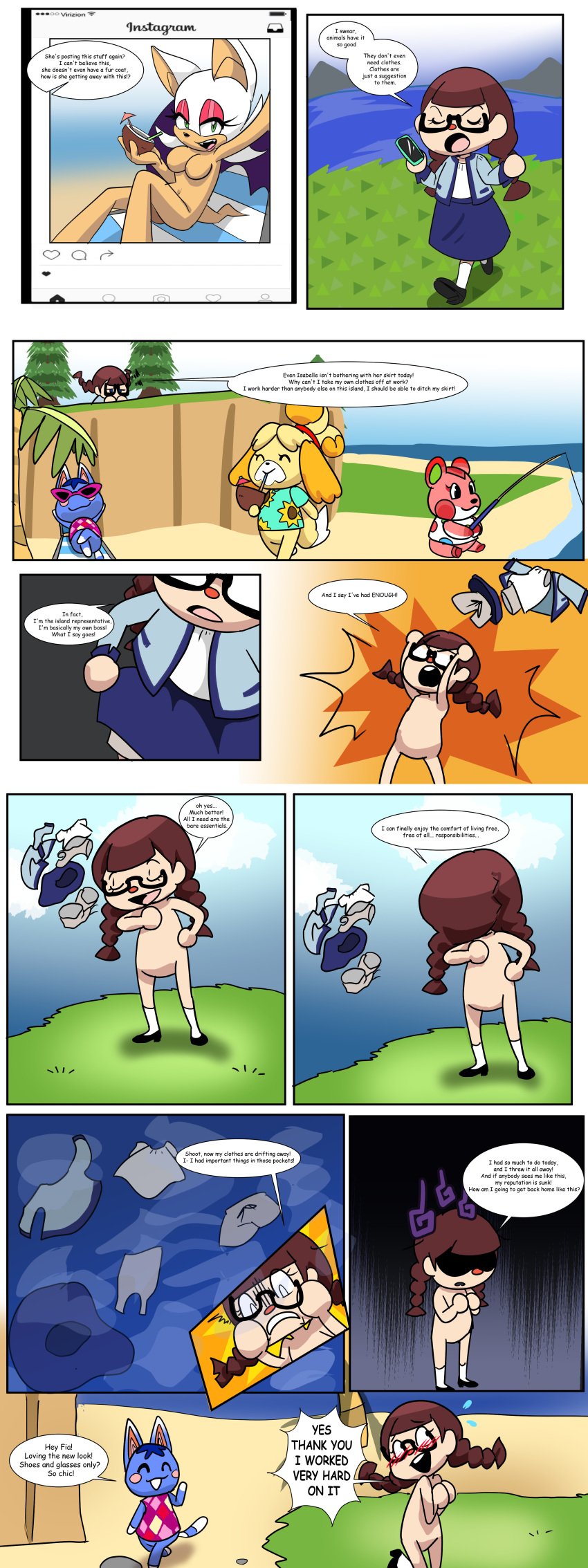 anatomically_correct animal_crossing animal_crossing_new_horizons anthro anthro_female apple_(animal_crossing) artist_request beach blue_fur blush braids breasts brown_hair canine casual_nudity catgirl clothes_removed coconut_drink color comic dog_girl dress embarrassed embarrassed_nude_female enf english_text featureless_breasts featureless_crotch feline female fishing fishing_rod furry furry_female glasses hamster hamster_girl human instagram isabelle_(animal_crossing) island mobian_(species) naked naked_female naked_footwear nude nude_female outdoor_nudity outdoors pale-skinned_female pale_skin palm_tree phone public public_nudity regret rosie_(animal_crossing) rouge_the_bat selfie shirt skirt sonic_(series) stitched sunbathing sunglasses sweatdrop sweating text twintails undressing villager_(animal_crossing)