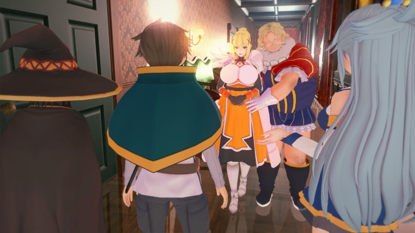 2boys 3d 3girls alexei_barnes_alderp aqua_(konosuba) big_breasts blonde_hair darkness_(konosuba) fat_man female kono_subarashii_sekai_ni_shukufuku_wo! male megumin multiple_boys multiple_girls satou_kazuma