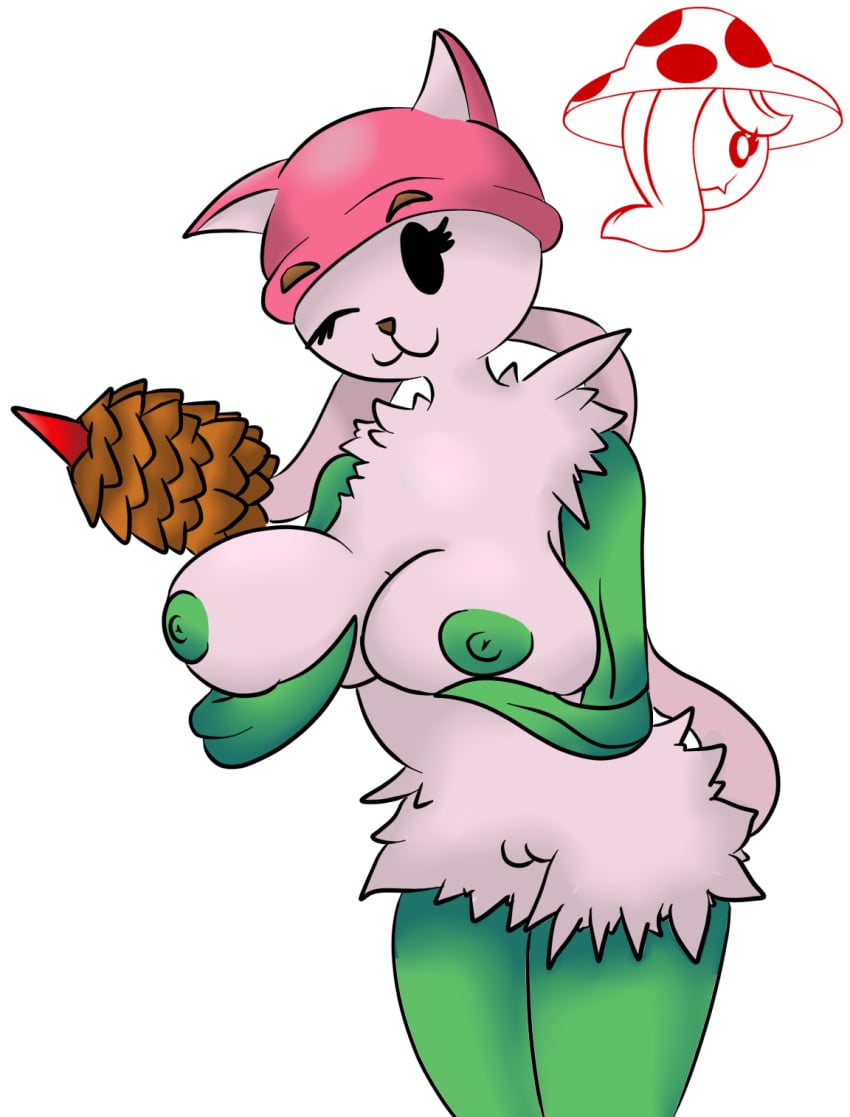 anthro big_breasts breasts cattail_(pvz) clothing dendrophilia eyelashes feline female flora_fauna fur hat huge_breasts humanoid looking_at_viewer mammal nipples nude plant plant_girl plantie plants_vs_zombies pussy signature simple_background smile solo thompson-vonjung video_games