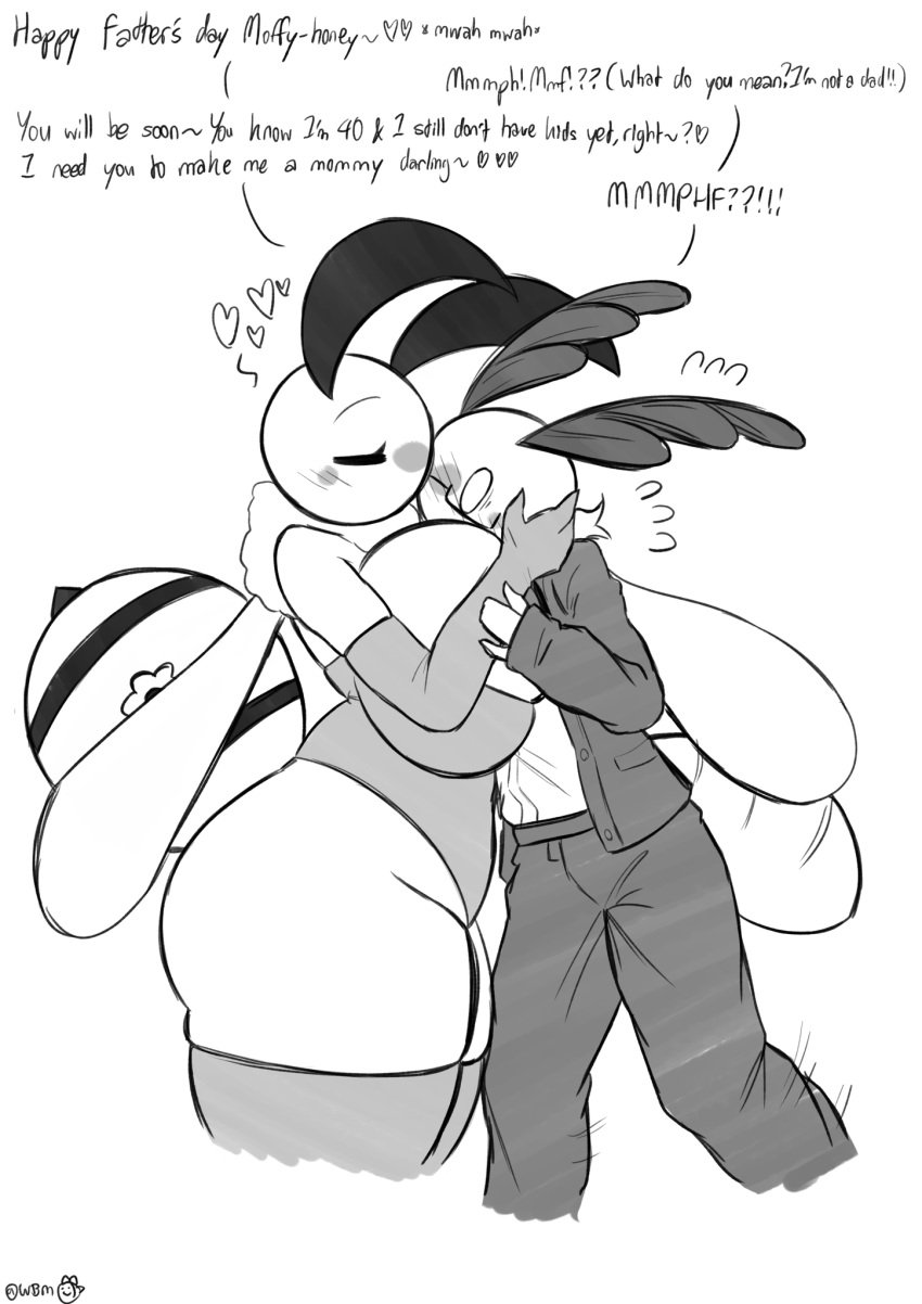 1boy1girl 2024 anthro asking_for_sex ass bee big_breasts blush diana_(woebeeme) fathers_day flustered_male glasses impregnation_request inviting inviting_to_sex kissing moth motthew_(woebeeme) original_character thick_ass thick_thighs woebeeme