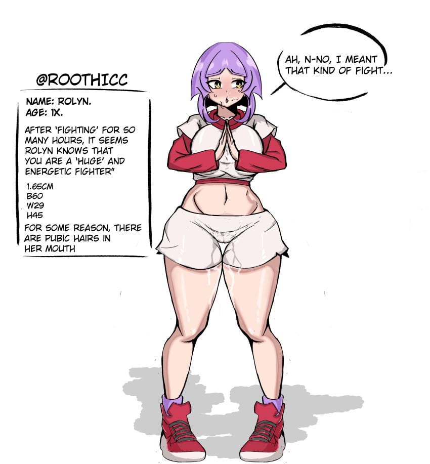 big_ass big_breasts big_butt big_thighs body_hair comic comic_page female female_only nude_female oc offering offering_sex offering_to_viewer original original_character pose purple_hair rolyn roothicc shorts text text_box text_bubble thong yellow_eyes