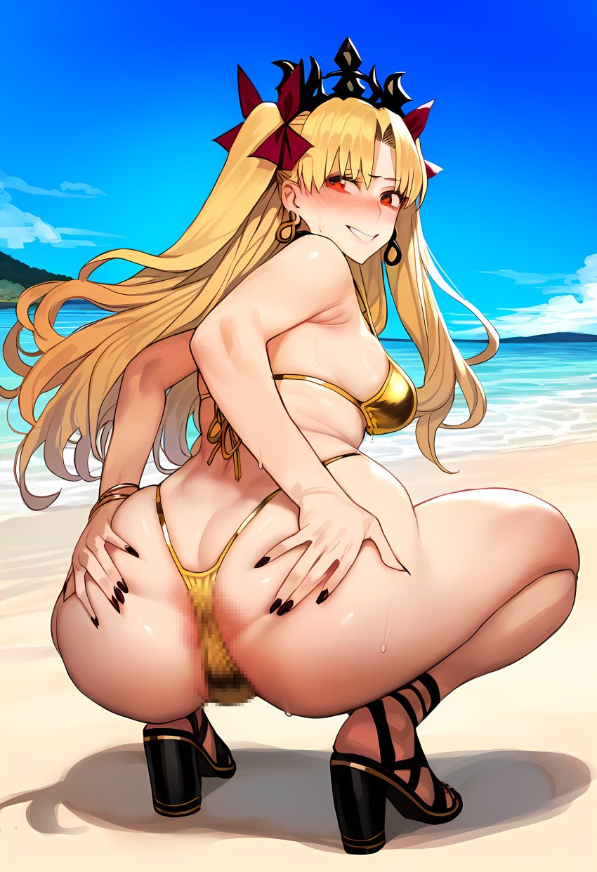 1-a_dot 1girls ai_generated ankles ass ass_focus back beack big_ass big_breasts big_butt bikini blonde_female blonde_hair blush blushing_at_viewer breasts censored earrings ereshkigal_(fate) fate/grand_order fate_(series) feet female female_focus female_only girl_only golden_bikini hair_ornament hair_ribbon high_heels huge_ass large_ass large_breasts long_hair looking_at_viewer painted_nails painted_toenails red_eyes sandals sea shoulders squatting thick_thighs thighs twintails