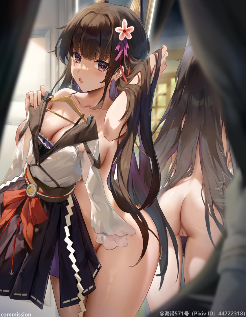 1other ^^^ absurdres admiral_(warship_girls_r) akagi_(warship_girls_r) arm_up artist_name ass back bar_censor blush breasts brown_hair censored cleavage clothes_hanger clothes_in_front collarbone commission covering_privates curtains dress female ffg-571 flower hair_between_eyes hair_flower hair_ornament hand_in_own_hair highres holding holding_clothes_hanger holding_unworn_clothes holding_unworn_dress indoors large_breasts long_hair looking_at_viewer mirror nude nude_cover open_mouth pink_eyes pussy reflection standing surprised thighs unworn_dress warship_girls_r