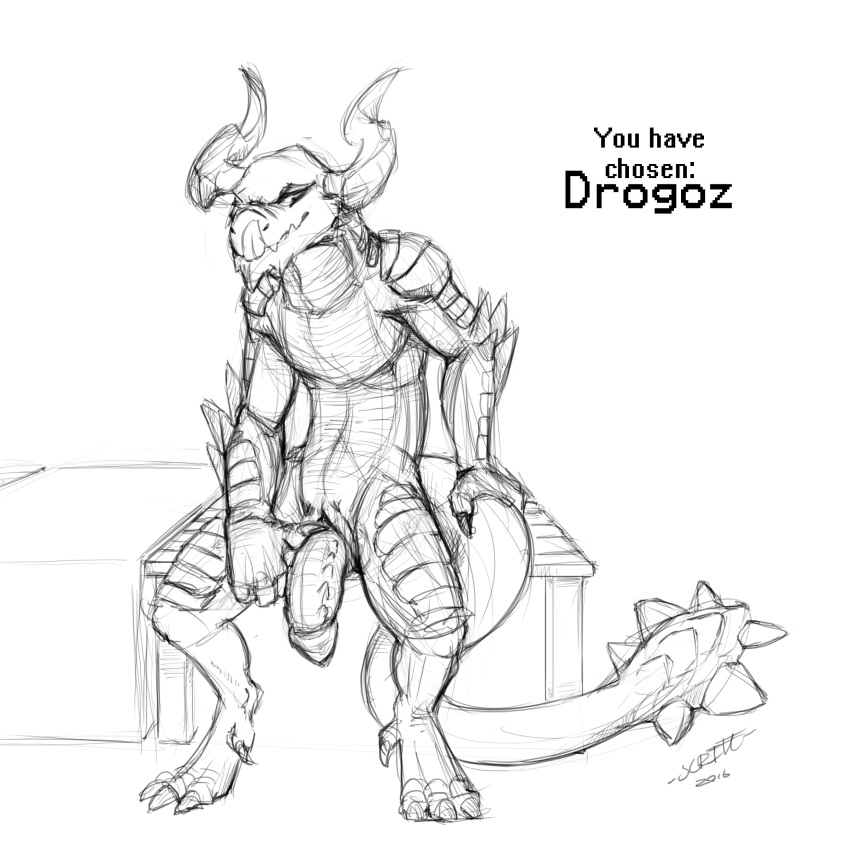 1boy 2016 animal_genitalia anthro claws dragon drogoz_(paladins) greyscale hi-rez_studios horn male male_only monochrome paladins_(game) penis presenting scalie scritt scutes sheath simple_background sketch slit solo spikes tongue tongue_out yaoi