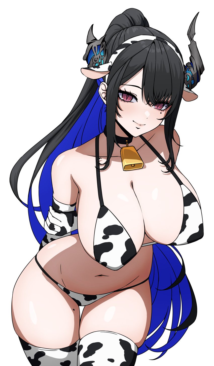 1girls animal_ear_hairband animal_print animal_print_bikini asymmetrical_horns beauty_mark black_hair blue_hair breasts broken_horn closed_mouth colored_inner_hair cow_ears_headband cow_print cow_print_armwear cow_print_bikini cow_print_thighhighs dayyo_(daydarion/day-chan) demon_girl demon_horns detached_sleeves fake_animal_ears female female_only headband hololive hololive_english hololive_english_-advent- horns large_breasts light-skinned_female light_skin mole mole_on_thigh mole_under_eye multicolored_hair nerissa_ravencroft paid_reward_available ponytail slit_pupils smile solo thighhighs very_long_hair virtual_youtuber white_background