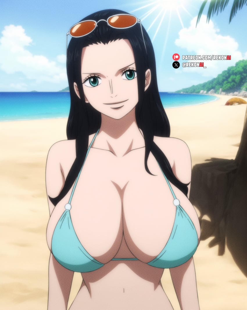 1girls 2d ai_generated aqua_eyes beach big_breasts bikini bikini_top black_hair female female_focus female_only female_protagonist from_front_position glasses huge_breasts large_breasts light-skinned light-skinned_female light_blue_eyes light_skin long_hair looking_at_viewer nico_robin one_piece pale-skinned_female pale_skin rekonai shounen_jump sky smile smiley_face smiling smiling_at_viewer solo solo_female solo_focus sun sunny tagme thin thin_female thin_waist tight_bikini tight_clothing tight_fit uncensored