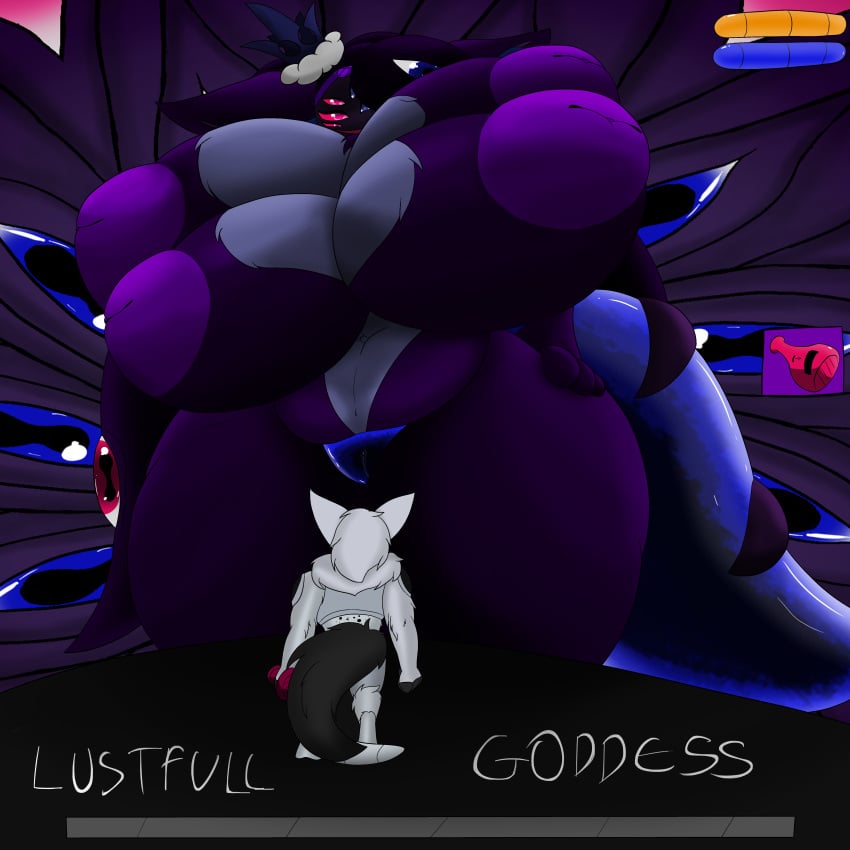 alex_(protogenqueen) big_breasts big_tail bigger_female boss_fight breasts female furry gameplay_mechanics health_bar inverted_nipples male potion potion_bottle protogen protogenqueen purple_fur pussy smaller_male standing tail