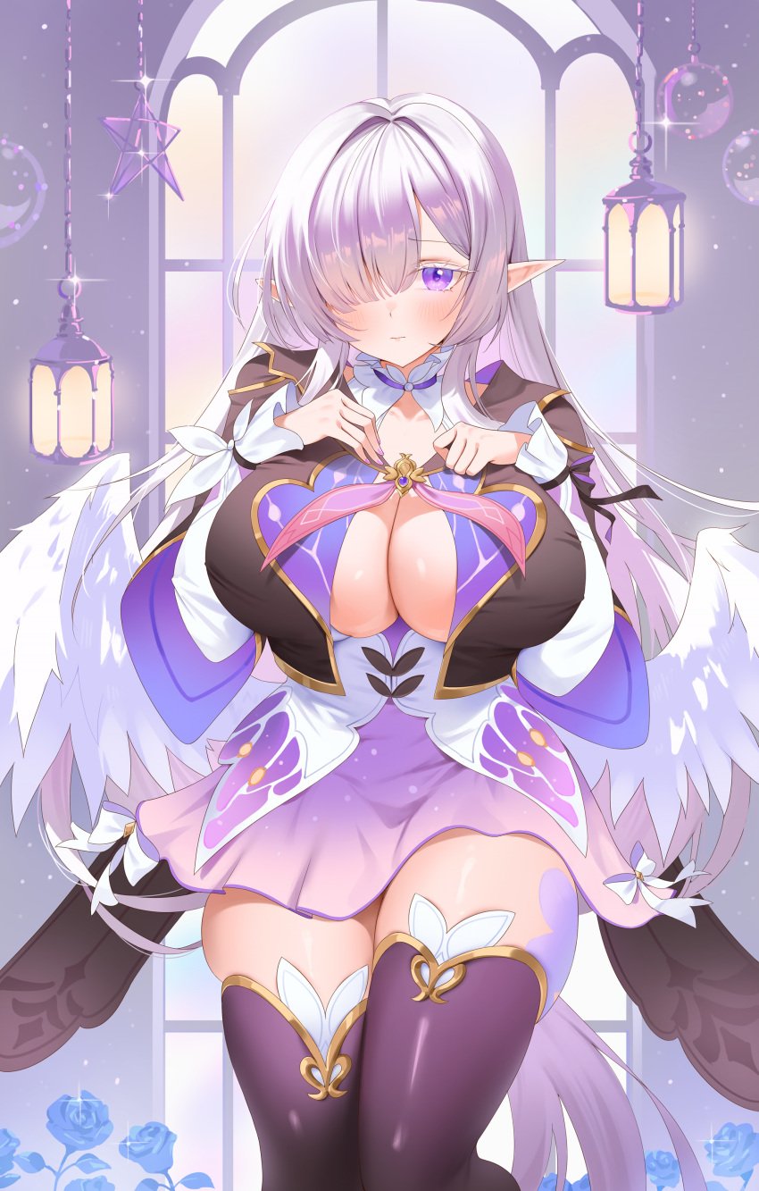 angel_wings blush breasts cleavage dress female_only highres large_breasts long_hair original pointy_chin pointy_ears purple_eyes solo thighhighs white_hair wings zzo_(chorizzzzo)