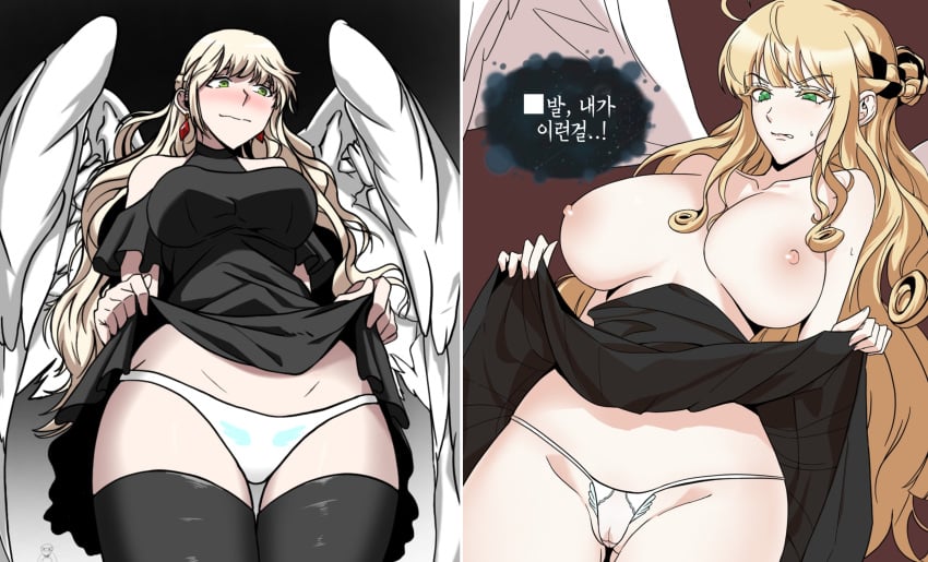 angel angel_wings blonde_female blonde_hair green_eyes omniscient_reader omniscient_reader's_viewpoint omniscient_reader_(webtoon) uriel_'demon-like_judge_of_fire'_(omniscient_reader's_viewpoint)