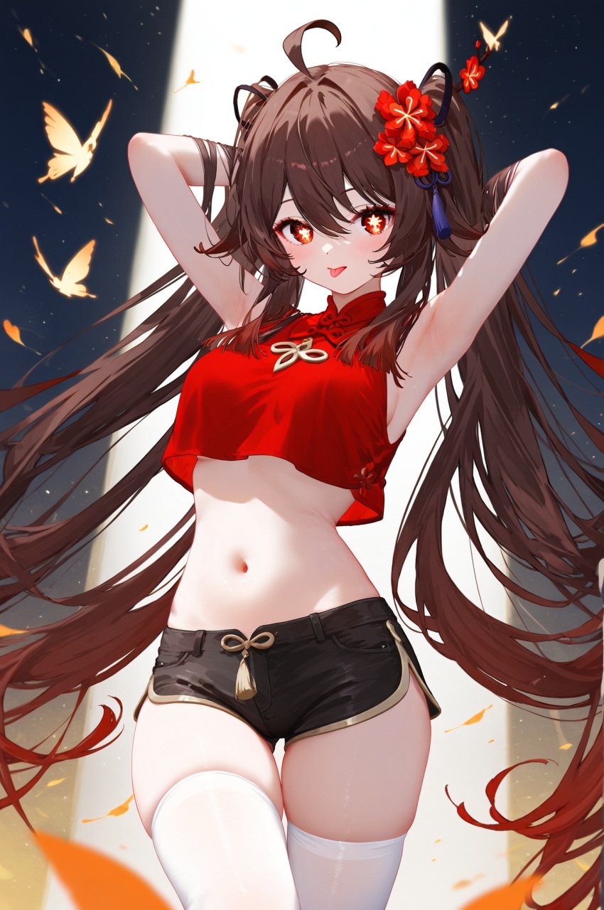 :p absurd_res ahoge ai_generated alternate_costume armpits arms_behind_head arms_up bangs bare_arms bare_shoulders black_shorts blush breasts cowboy_shot crop_top crop_top_overhang female flower-shaped_pupils genshin_impact hu_tao_(genshin_impact) looking_at_viewer midriff ministro nail_polish navel red_shirt shirt short_shorts shorts sidelocks sleeveles sleeveless_shirt solo standing star-shaped_pupils stomach symbol-shaped_pupils thighhighs thighs tongue tongue_out white_thighhighs