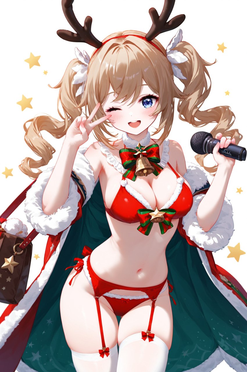 ;d absurd_res ai_generated antlers ass_visible_through bag bangs barbara_(genshin_impact) bare_shoulders bell bikini blonde_hair blue_eyes blush bow bowtie breasts christmas cleavage coat cowboy_shot detached_collar drill_hair fake_antlers female fur_trim garter_belt garter_straps genshin_impact hair_ornament hairband hand_up hands_up holding holding_microphone looking_at_viewer medium_breasts microphone ministro navel neck_bell off_shoulder one_eye_closed open_clothes open_mouth red_bikini red_bow reindeer_antlers santa_bikini side-tie_bikini_bottom sidelocks smile solo standing stomach string_bikini swimsuit teeth thigh_gap thighhighs thighs twin_drills twintails upper_teeth_only v white