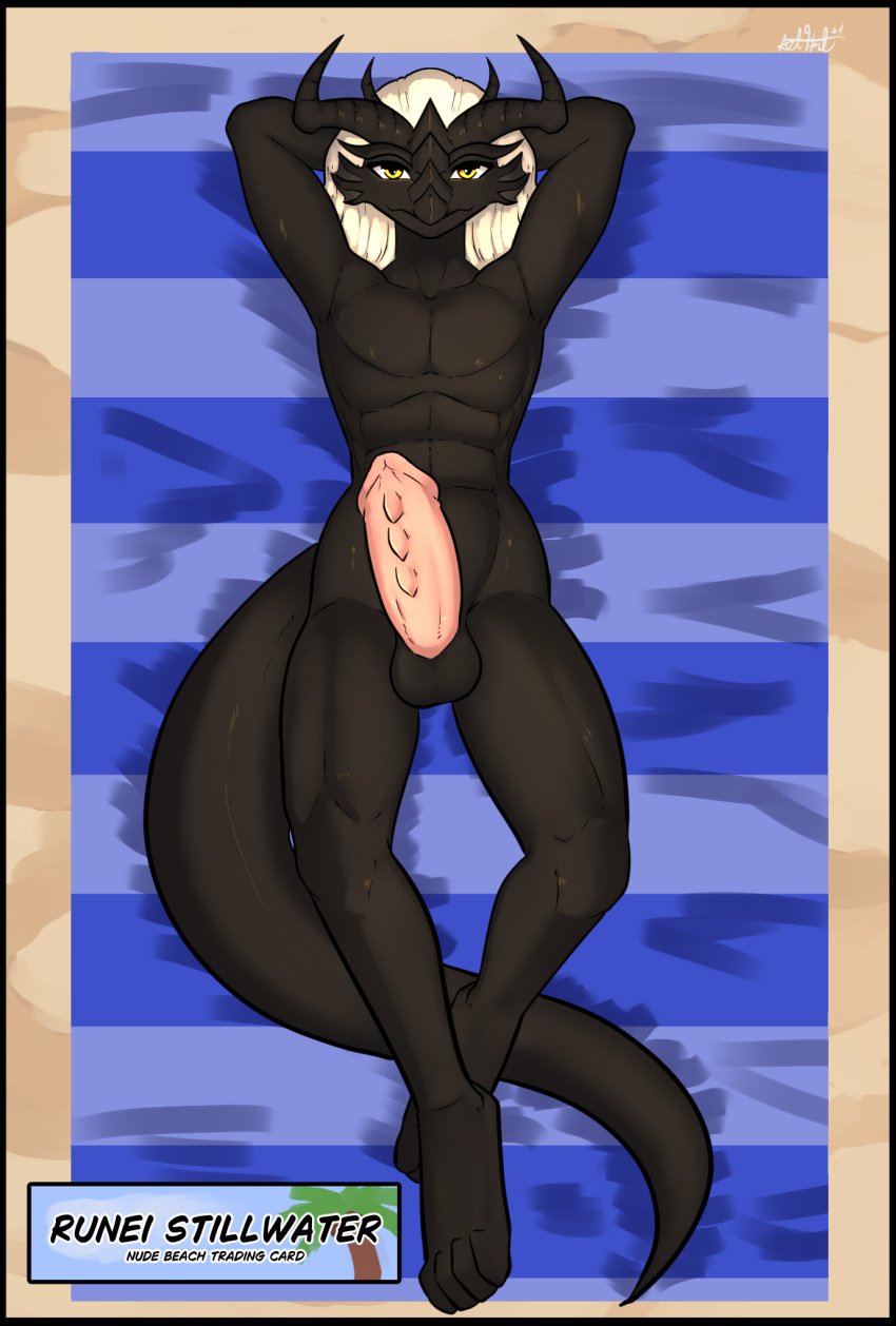 bear213 black_body black_scales dragon genitals hair hi_res mythological_creature mythological_scalie mythology nude penis scales scalie tail trading_card white_hair yellow_eyes