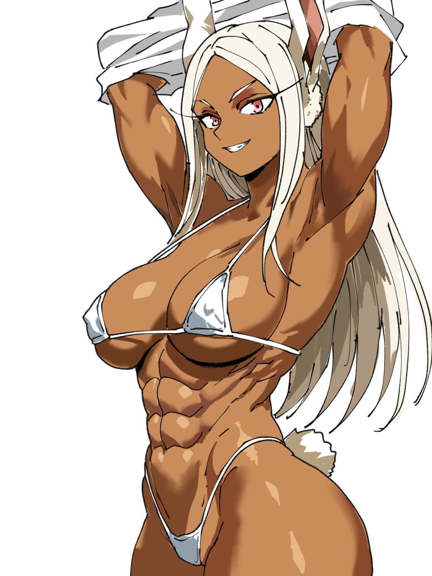 abs animal_ears armpits arms_up bikini boku_no_hero_academia breasts captain_tai cleavage covered_nipples dark-skinned_female dark_skin english_commentary female highres large_breasts long_eyelashes long_hair looking_at_viewer micro_bikini miruko muscular muscular_female my_hero_academia navel obliques parted_bangs rabbit_ears rabbit_girl rabbit_tail red_eyes rumi_usagiyama shirt simple_background smile solo stomach swimsuit tail undressing white_background white_bikini white_hair white_shirt