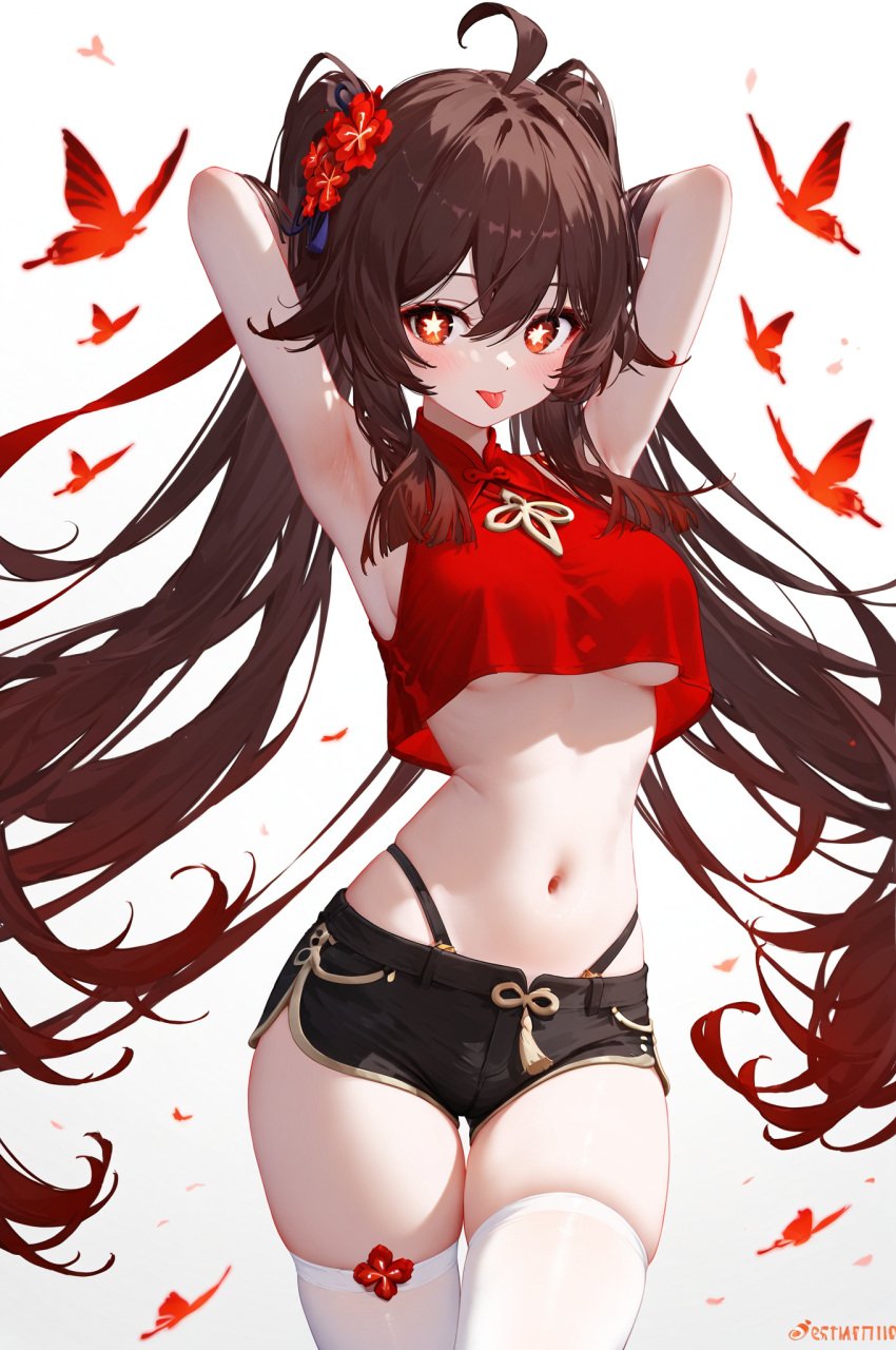 :p absurd_res ahoge ai_generated alternate_costume armpits arms_behind_head arms_up bangs bare_arms bare_shoulders black_shorts blush breasts cowboy_shot crop_top crop_top_overhang female flower-shaped_pupils genshin_impact hu_tao_(genshin_impact) looking_at_viewer midriff ministro nail_polish navel red_shirt shirt short_shorts shorts sidelocks sleeveles sleeveless_shirt solo standing star-shaped_pupils stomach symbol-shaped_pupils thighhighs thighs tongue tongue_out under_boob underboob white_thighhighs