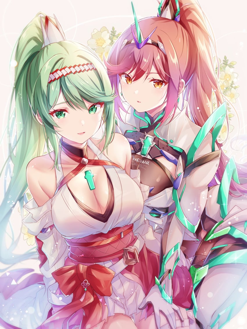 2girls alternate_costume core_crystal cosplay costume_switch glimmer_(xenoblade) green_hair highres large_breasts long_hair nintendo pneuma_(xenoblade) ponytail ui_frara very_long_hair xenoblade_(series) xenoblade_chronicles_2 xenoblade_chronicles_3 xenoblade_chronicles_3:_future_redeemed