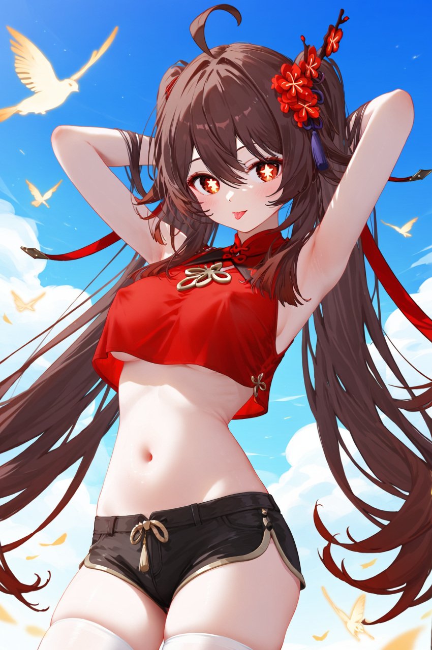 :p absurd_res ahoge ai_generated alternate_costume armpits arms_behind_head arms_up bangs bare_arms bare_shoulders black_shorts blush breasts covered_nipples cowboy_shot crop_top crop_top_overhang female flower-shaped_pupils genshin_impact hu_tao_(genshin_impact) looking_at_viewer midriff ministro nail_polish navel red_shirt shirt short_shorts shorts sidelocks sleeveles sleeveless_shirt solo standing star-shaped_pupils stomach symbol-shaped_pupils thighhighs thighs tongue tongue_out under_boob underboob white_thighhighs