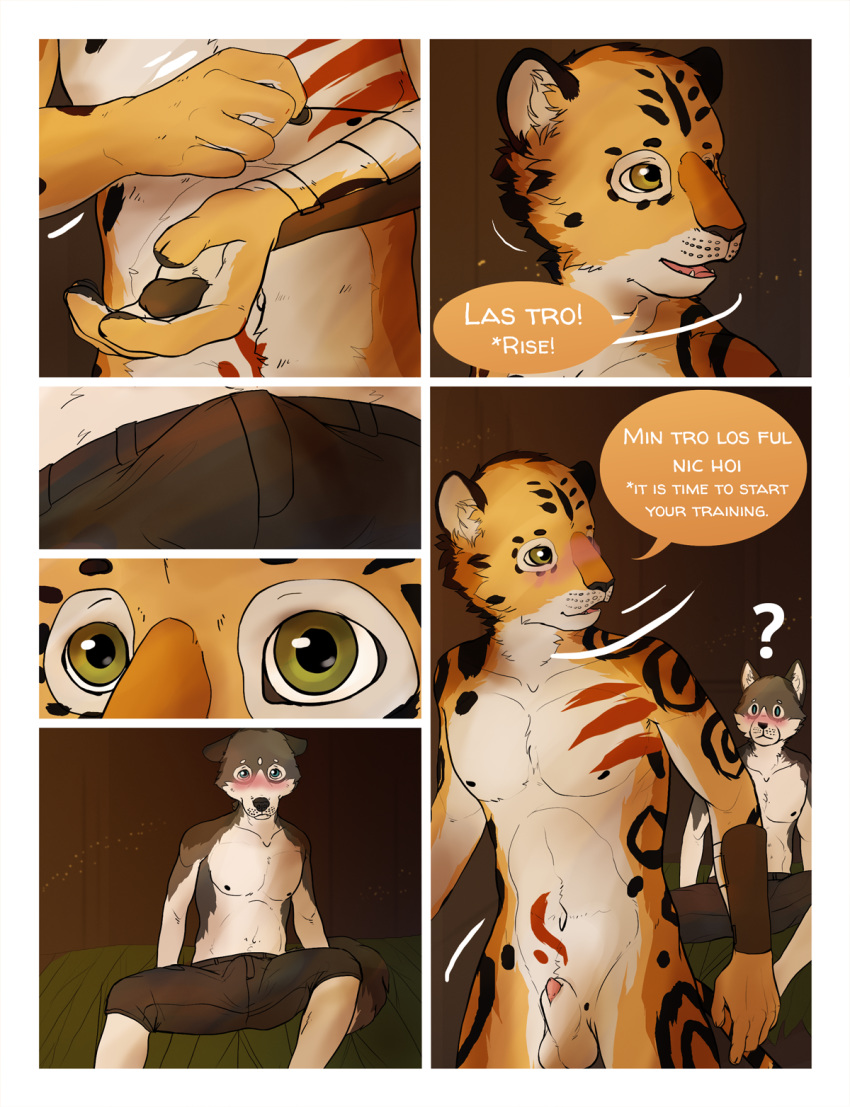 2016 ? animal_genitalia animal_penis anthro balls black_border black_fur blue_eyes blush border brown_fur bulge canine chest_tuft clothed clothing comic detailed_background digital_painting_(artwork) duo edesk feline fur hi_res husky jaguar jungle lying male male_only mammal marine multicolored_fur multiple_scenes muscular navel nude original_characters panther penis penis_tip sheath sisco_(artist) smile spots topless tribal tuft two_tone_fur white_fur yaoi yellow_eyes yellow_fur