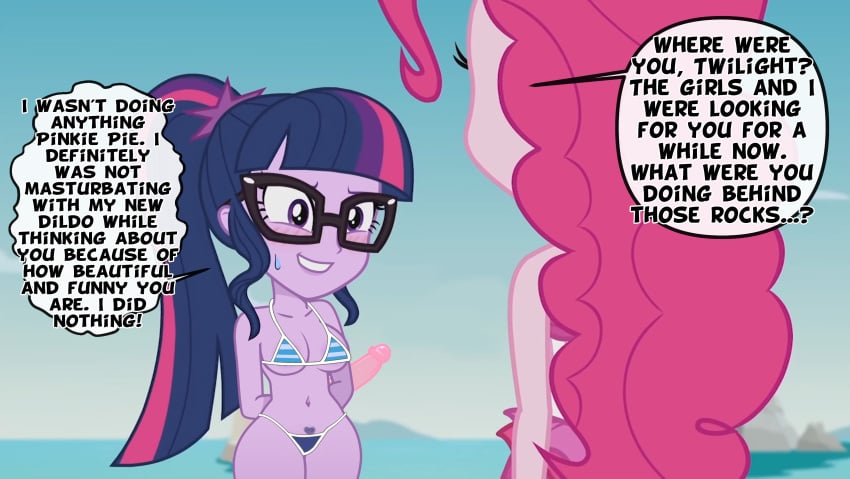 dildo english_text equestria_girls glasses hidden my_little_pony pinkie_pie_(mlp) pubic_hair pubic_hair_peek text thelazyart twilight_sparkle_(mlp)