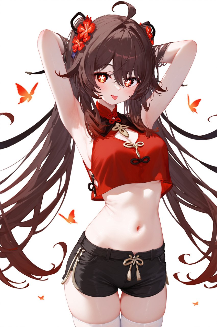 :p absurd_res ahoge ai_generated alternate_costume armpits arms_behind_head arms_up bangs bare_arms bare_shoulders black_shorts blush breasts cowboy_shot crop_top crop_top_overhang female flower-shaped_pupils genshin_impact hu_tao_(genshin_impact) looking_at_viewer midriff ministro nail_polish navel red_shirt shirt short_shorts shorts sidelocks sleeveles sleeveless_shirt solo standing star-shaped_pupils stomach symbol-shaped_pupils thighhighs thighs tongue tongue_out white_thighhighs