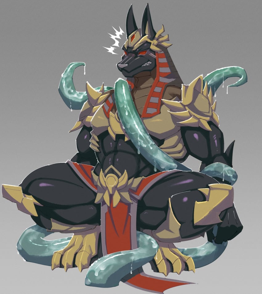 anubis anubis_reaper balls bara gay hi_res loincloth male_only muscular muscular_male overwatch overwatch_2 pecs reaper red_eyes simple_background solo_male tentacle urakata5x