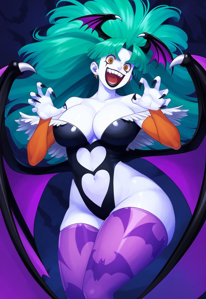 ai_generated claws cleavage dark_persona darkstalkers elbow_gloves female huge_ass huge_breasts leotard lips midriff morrigan_aensland navel pale-skinned_female pale_skin smile sports_shorts succubus tagme thedivergence1997 thick_thighs wide_hips