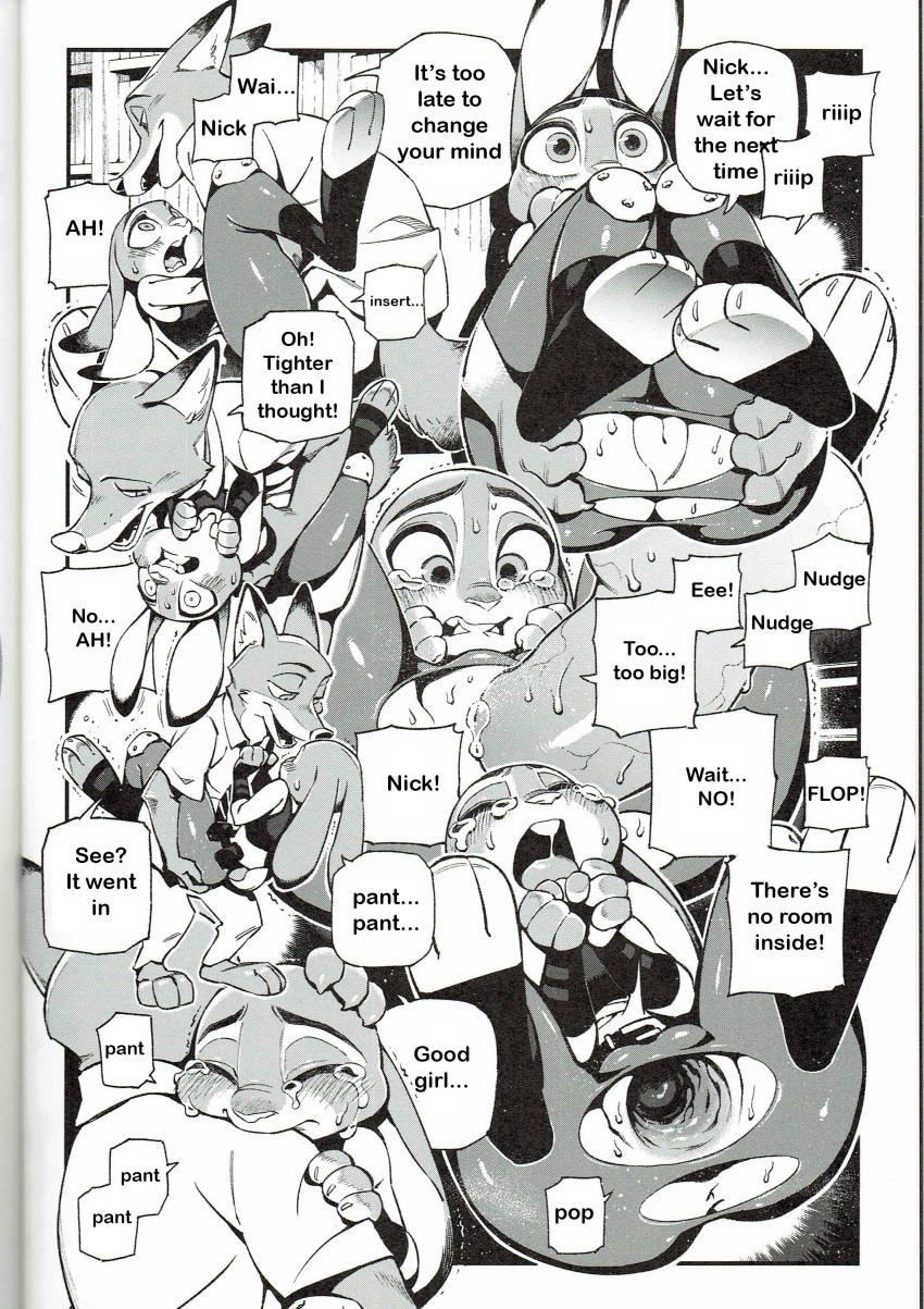 animal_genitalia animal_penis anthro bear_hand black_and_white canine canine_penis clothed_sex clothing comic disney female fox judy_hopps male mammal monochrome nick_wilde penis police pussy sex tears torn_clothes zootopia