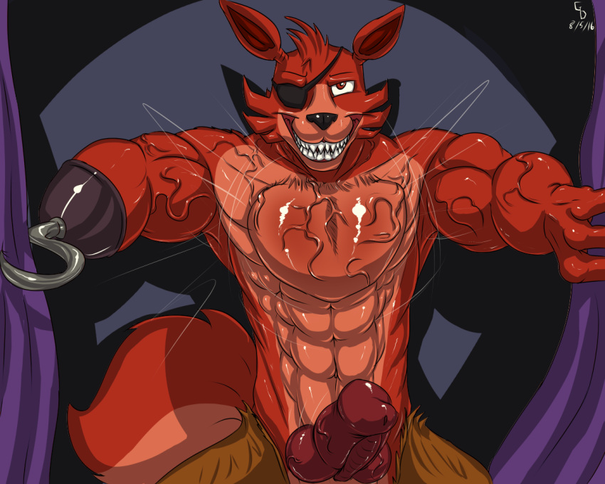 1boy abs animal_genitalia animal_penis animatronic anthro armpits canine canine_penis clothing erection eye_patch eyewear five_nights_at_freddy's fox fox_tail foxy_(fnaf) glenskunk grin heart_(organ) heart_fetish machine male male_only mammal muscular penis pirate robot solo tagme tail vein video_games