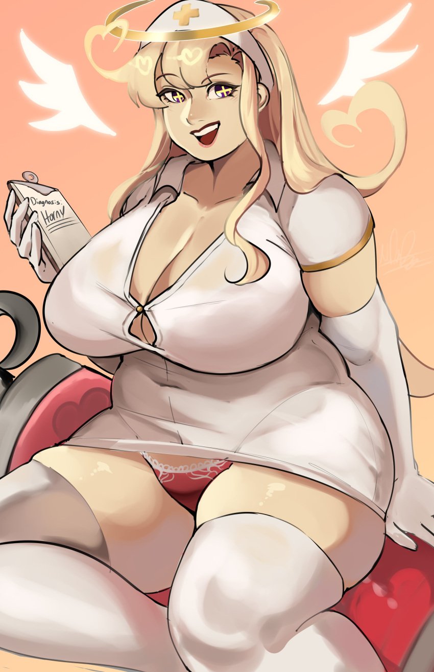 1girls ahoge angel angie_(puzzled_artist) bangs blonde_hair breasts cleavage clipboard curvy elbow_gloves eyebrows_visible_through_hair gloves halo hat heart huge_breasts large_breasts lips long_hair looking_at_viewer nurse open_mouth original panties plump puzzled_artist red_panties sitting skindentation smile solo thick_thighs thighhighs thighs underwear white_gloves white_legwear white_panties wings yellow_eyes