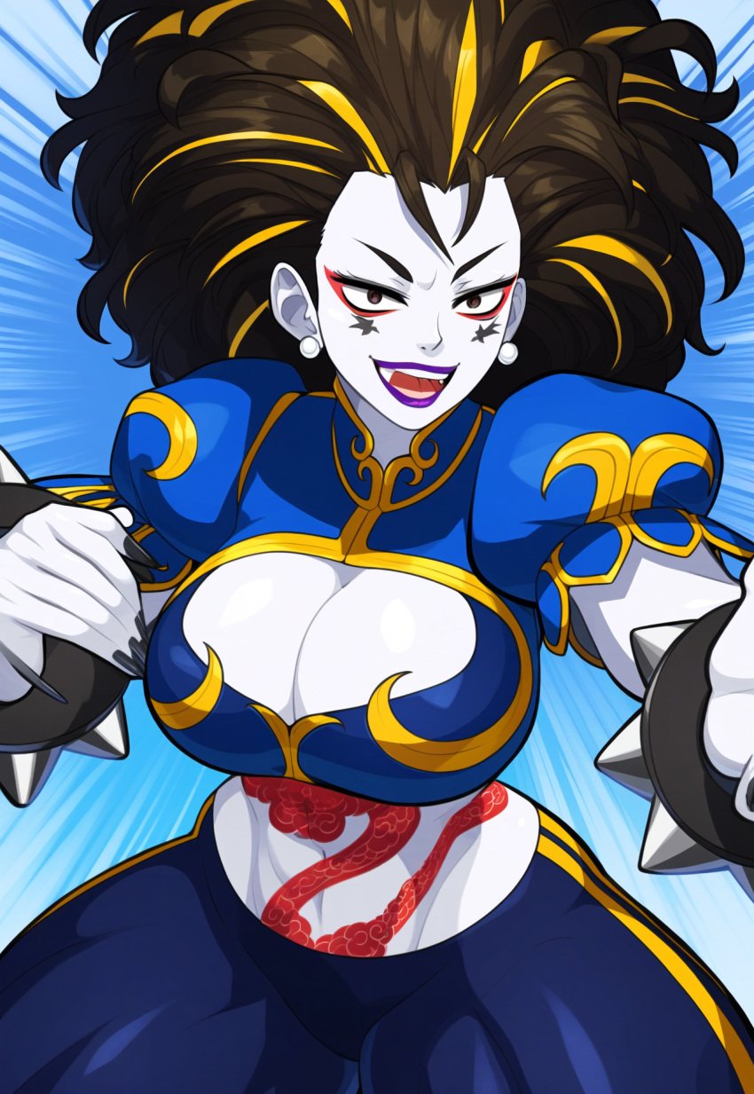 ai_generated chun-li cleavage corruption dark_persona enemy_conversion female huge_ass huge_breasts leggings lips pale-skinned_female pale_skin rock_of_succubus smile street_fighter tagme thedivergence1997 thick_thighs wide_hips