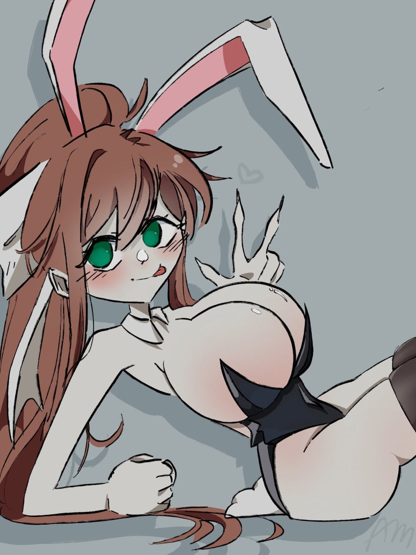 1girls almonds_(almonddssss) big_ass big_breasts blush blush blush_lines breasts brown_hair bunny_ears bunny_tail bunnysuit cleavage collarbone doki_doki_literature_club female female_only green_eyes huge_breasts leotard light-skinned_female light_skin long_hair long_nails looking_at_viewer monika_(doki_doki_literature_club) peace_sign pelvic_curtain pelvic_line posing ribbon smile smiling thick_thighs thighhighs tight_clothing tongue tongue_out