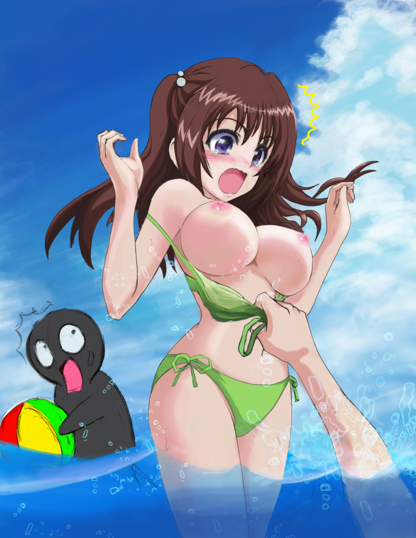 /\/\/\ assisted_exposure bikini bikini_pull blush breasts brown_hair clouds female green_bikini long_hair nipples open_mouth sea sky solo_focus surprised_arms water wavy_mouth