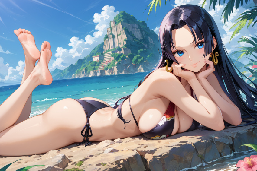 1girls ai_generated artist_request bikini black_bikini black_hair blue_eyes blush boa_hancock earrings feet feet_up female female_only foot_fetish hand_on_face hi_res large_breasts leaning_on_hand lying lying_on_stomach one_piece smile stable_diffusion