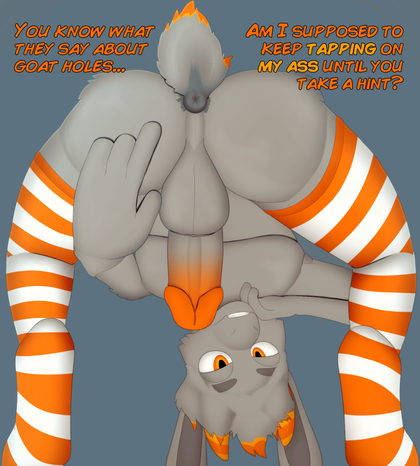 anthro anus balls bovid caprine clothing english_text floppy_ears fur genitals glans goat grey_body grey_fur gusta gusta_(gusta) hair hi_res horn humanoid_genitalia humanoid_penis legwear male mammal mostly_nude orange_clothing orange_eyes orange_glans orange_horn orange_legwear orange_thigh_highs pattern_clothing pattern_legwear pattern_thigh_highs penis solo striped_clothing striped_legwear striped_thigh_highs stripes tail teasing teasing_viewer text thigh_highs thigh_highs_only