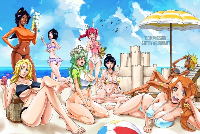 6+girls 8girls absurdres animal_ears artist_name ball beach beach_chair beach_umbrella beachball bikini black_hair bleach blonde_hair breasts cleavage cleavage_cutout clothing_cutout commission dark-skinned_female dark_skin dokugamine_riruka drink facial_mark fake_animal_ears fake_bunny_ears fat_breasts female_focus flat_belly flat_chest food fruit green_hair heart_cutout highres huge_breasts inoue_orihime jewelry kubo_tite_(style) kuchiki_rukia kurotsuchi_nemu large_breasts long_hair mask mask_on_head matsumoto_rangiku mole mole_under_mouth multiple_girls navel navel_cutout nelliel_tu_odelschwanck orange_hair orange_shirt ponytail ririvart sand_castle sand_sculpture shihouin_yoruichi shirt small_breasts stomach swimsuit thighlet tia_harribel umbrella underboob water_gun white_bikini