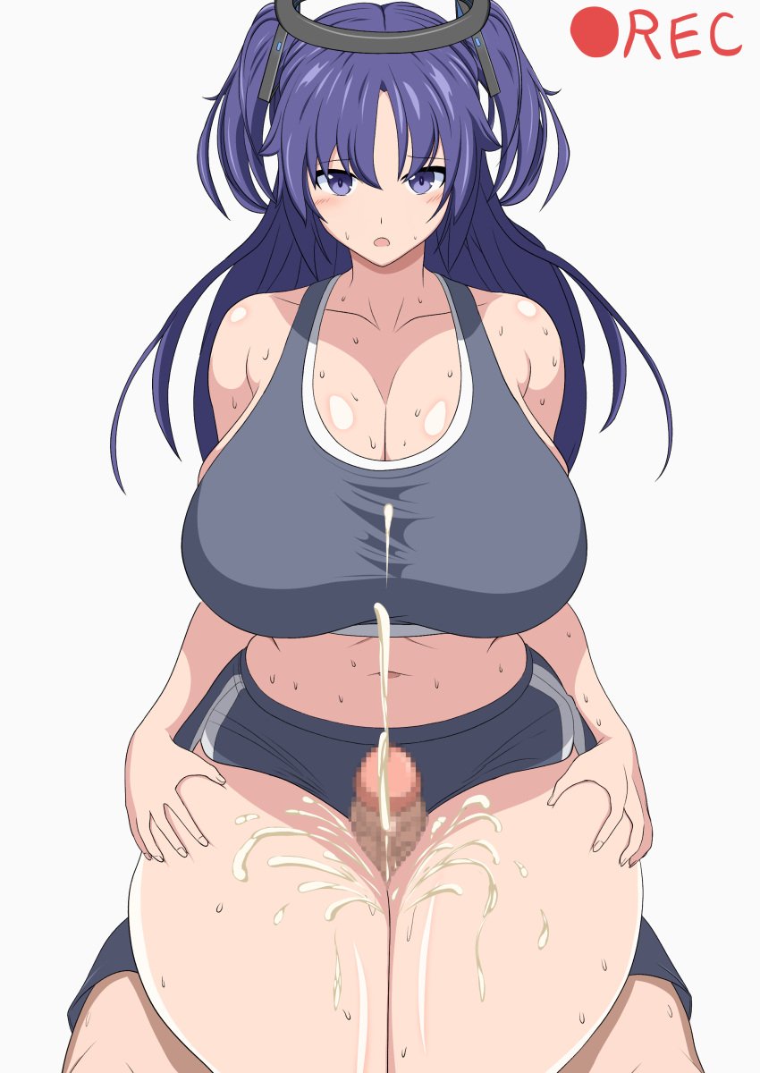 1boy 1girls belly_button blue_archive blue_eyes blue_hair blush bra breasts censored cum cum_on_thighs ejaculation god_or_devil_(wú_hé_yǒu_xiāng) gym_uniform halo huge_breasts light-skinned_female light-skinned_male light_skin male_pov millennium_science_school_student mosaic_censoring penis pov recording seminar_(blue_archive) sports_bra sweat thigh_sex twintails yuuka_(blue_archive) yuuka_(gym_uniform)_(blue_archive)