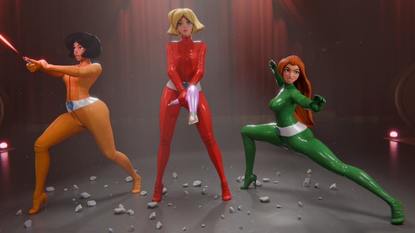 3d 3d_(artwork) 3girls alex_(totally_spies) alternate_version_available black_hair blonde_hair blue_eyes bodysuit brown_eyes clover_(totally_spies) dark-skinned_female dark_skin female female_only fighting_stance ginger green_eyes high_heels highres latex latex_bodysuit latex_clothing lia3d light-skinned_female light_skin long_hair nipple_bulge orange_hair posing sam_(totally_spies) serpentorder shiny_clothes short_hair standing totally_spies weapon zipper