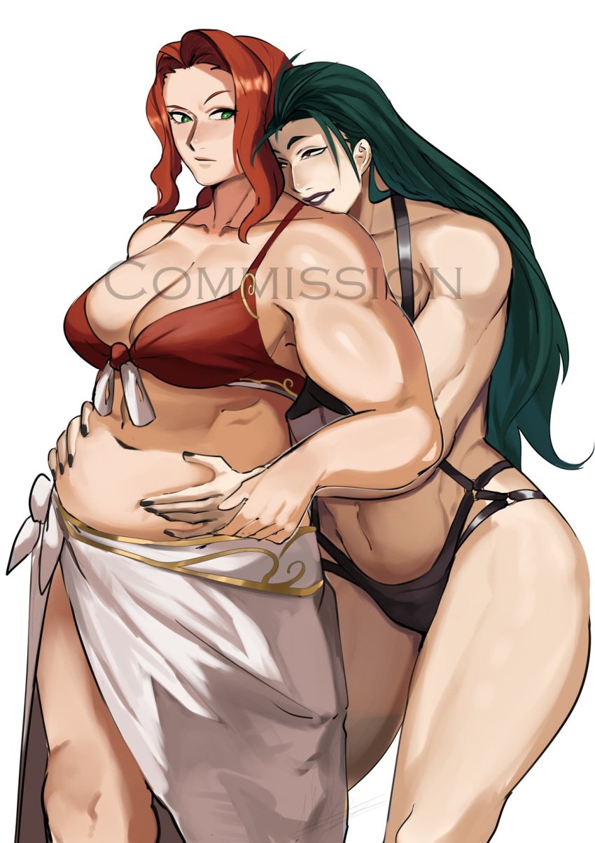 2girls alternate_costume belly_grab bikini black_bikini black_swimsuit breasts cleavage commission female female_only fire_emblem fire_emblem:_path_of_radiance grabbing green_eyes green_hair groping hug_from_behind large_breasts long_hair muscular navel nintendo petrine_(fire_emblem) puzzled_artist red_bikini red_hair red_swimsuit sarong simple_background stomach swimsuit titania_(fire_emblem) watermark white_background yuri