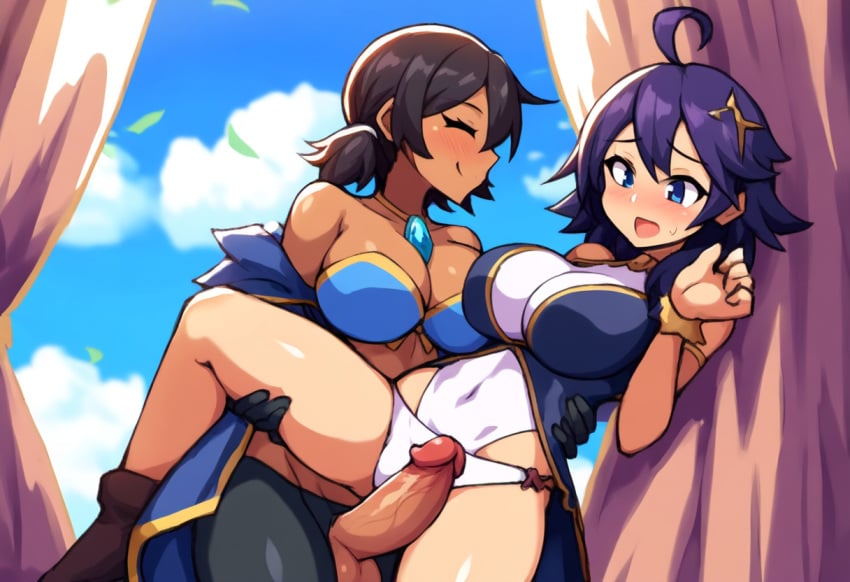 1futa 1girl1futa 2d 2d_(artwork) 2futas ai_generated big_breasts big_penis dark_skin duo fantasy female futa_on_female futa_only futanari imminent_sex large_breasts light-skinned_female light-skinned_futanari mullon novelai original penis