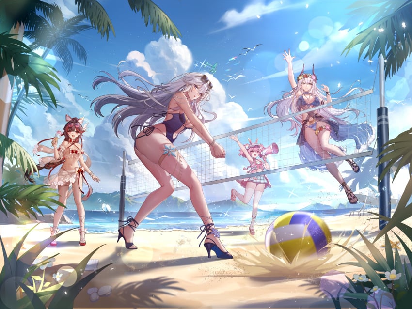 4girls alternate_outfit anka_(tower_of_fantasy) ass beach beach_volleyball big_breasts bikini brown_hair cleavage heels ice_cream medium_breasts meryl_(tower_of_fantasy) nola_(tower_of_fantasy) one-piece_swimsuit pink_hair tower_of_fantasy two_piece_swimsuit volleyball wanderer_(tower_of_fantasy) white_hair yolanda