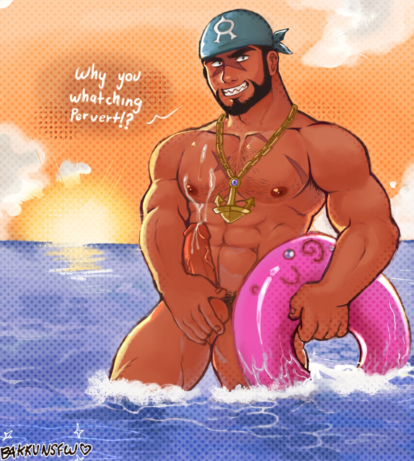 archie_(pokemon) bakkunsfw balls bara beard boner cum erection facial_hair headkerchief male male_only muscles muscular nintendo nude penis pokemon solo solo_male team_aqua text water