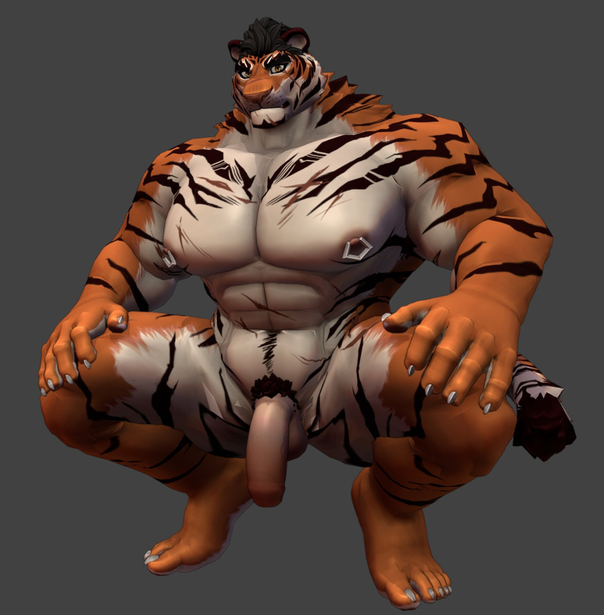 3d_(artwork) abs anthro balls crouching digital_media_(artwork) felid flaccid fur genitals hi_res male mammal muscular muscular_anthro muscular_male nipple_piercing nipples nude oaks16 orange_body orange_fur pantherine pecs penis piercing solo striped_body striped_fur stripes tiger