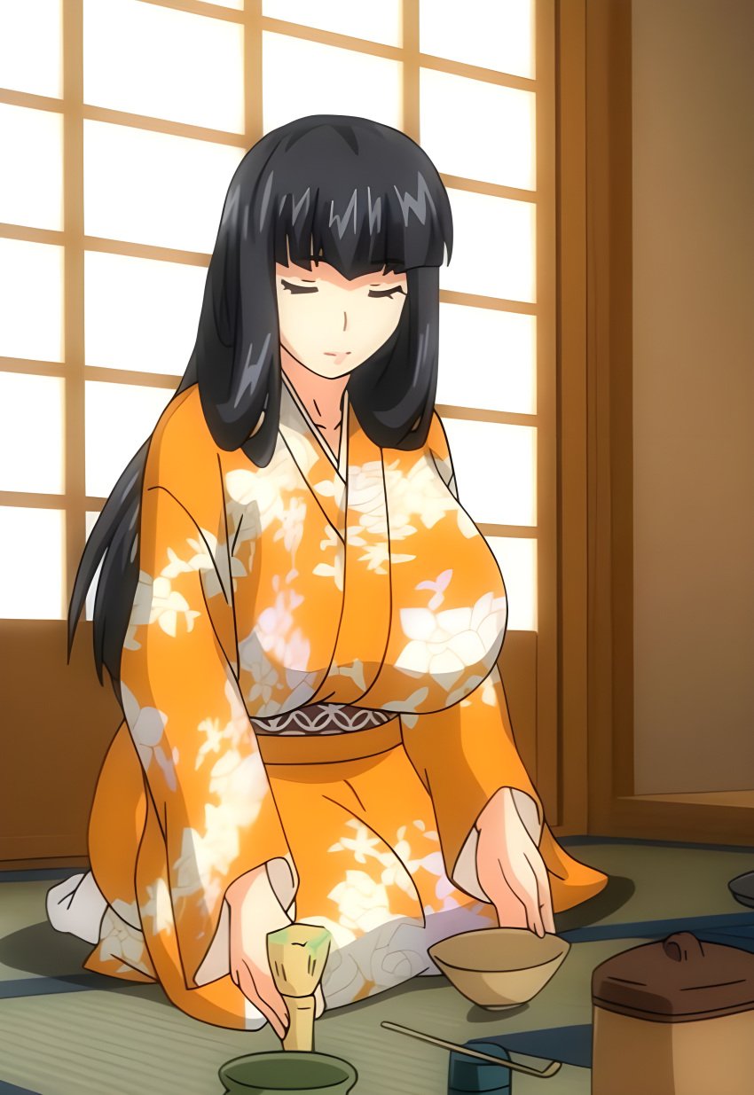 1girls bangs big_breasts black_hair bowing_head bowl busty closed_eyes clothed clothed_female clothing eyes eyes_closed female floral_print food front_heavy_breasts front_view hair hair_over_shoulder happy hime_cut huge_breasts indoors japanese_house kimono kneeling large_breasts limited_palette long_bangs long_breasts long_hair long_sleeves looking_down mortar_and_pestle niizuma_koyomi niizuma_koyomi_the_animation obedient orange_clothing orange_kimono orange_theme pink_pineapple seiza serving_food shy sitting sitting_down solo straight_hair submissive uikawa_shino warm_colors yellow_clothing yellow_kimono yellow_theme