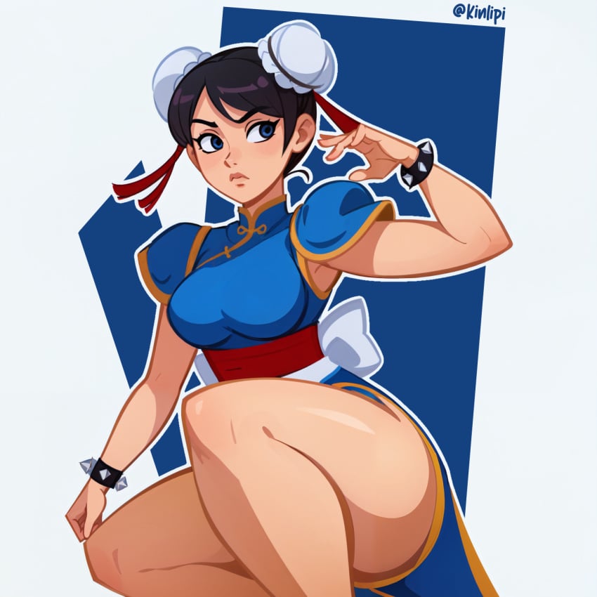 bare_legs black_hair blue_dress blue_eyes bracelet breasts brown_hair bun_cover china_dress chinese_clothes chun-li clothing double_bun dress female female_only fighting_stance footwear hair_bun jewelry kinlipi lips looking_at_viewer medium_breasts pelvic_curtain sash short_hair short_sleeves solo spiked_bracelet spikes street_fighter thick_thighs thighs tied_hair