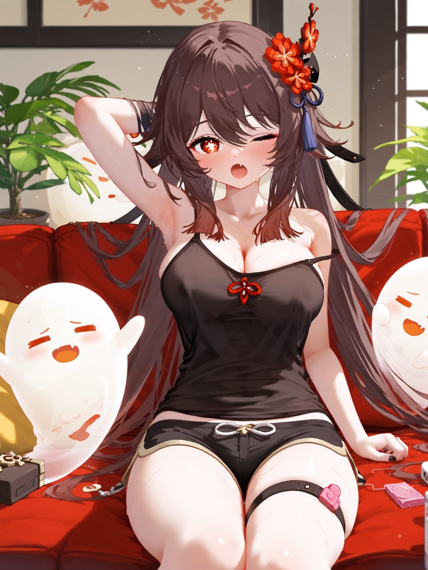 absurd_res ai_generated arm_up armpits bare_shoulders blush breasts brown_hair camisole cleavage couch covering_nipples female genshin_impact hu_tao_(genshin_impact) indoors long_hair looking_at_viewer medium_breasts ministro oerba_yun_fang one_eye_closed open_mouth pillow plant potted_plant red_eyes short_shorts shorts sitting solo strap_slip sweat symbol-shaped_pupils tank_top thighs very_long_hair waking_up yawning