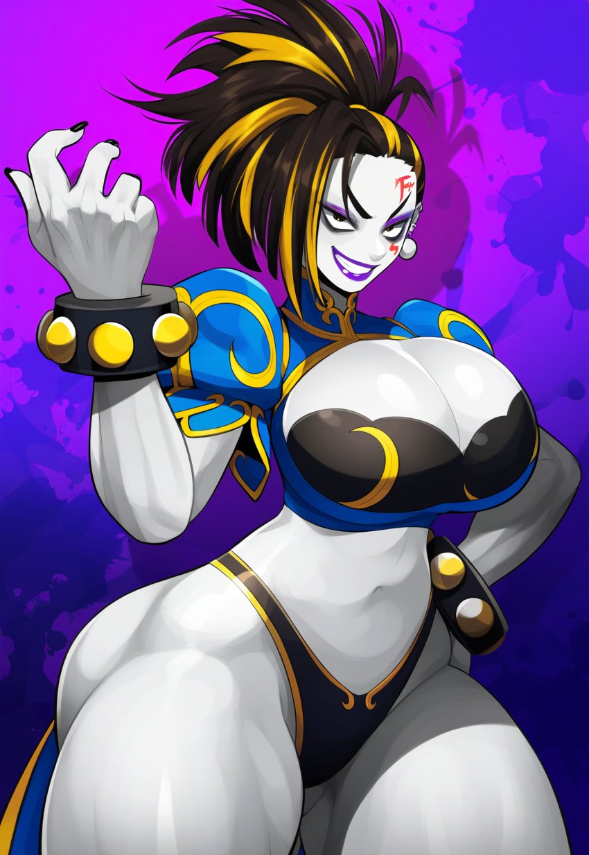 ai_generated bra chun-li cleavage corruption dark_persona enemy_conversion female huge_ass huge_breasts lips pale-skinned_female pale_skin panties rock_of_succubus smile street_fighter tagme thedivergence1997 thick_thighs wide_hips